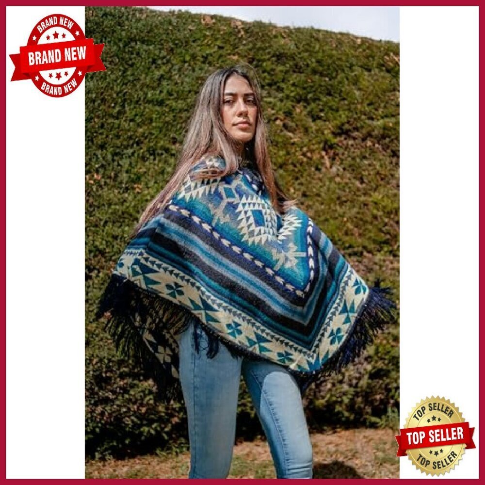 Alpaca Wool Poncho with Hood, Geometric Design, Machine Washable - Picture 4 of 7